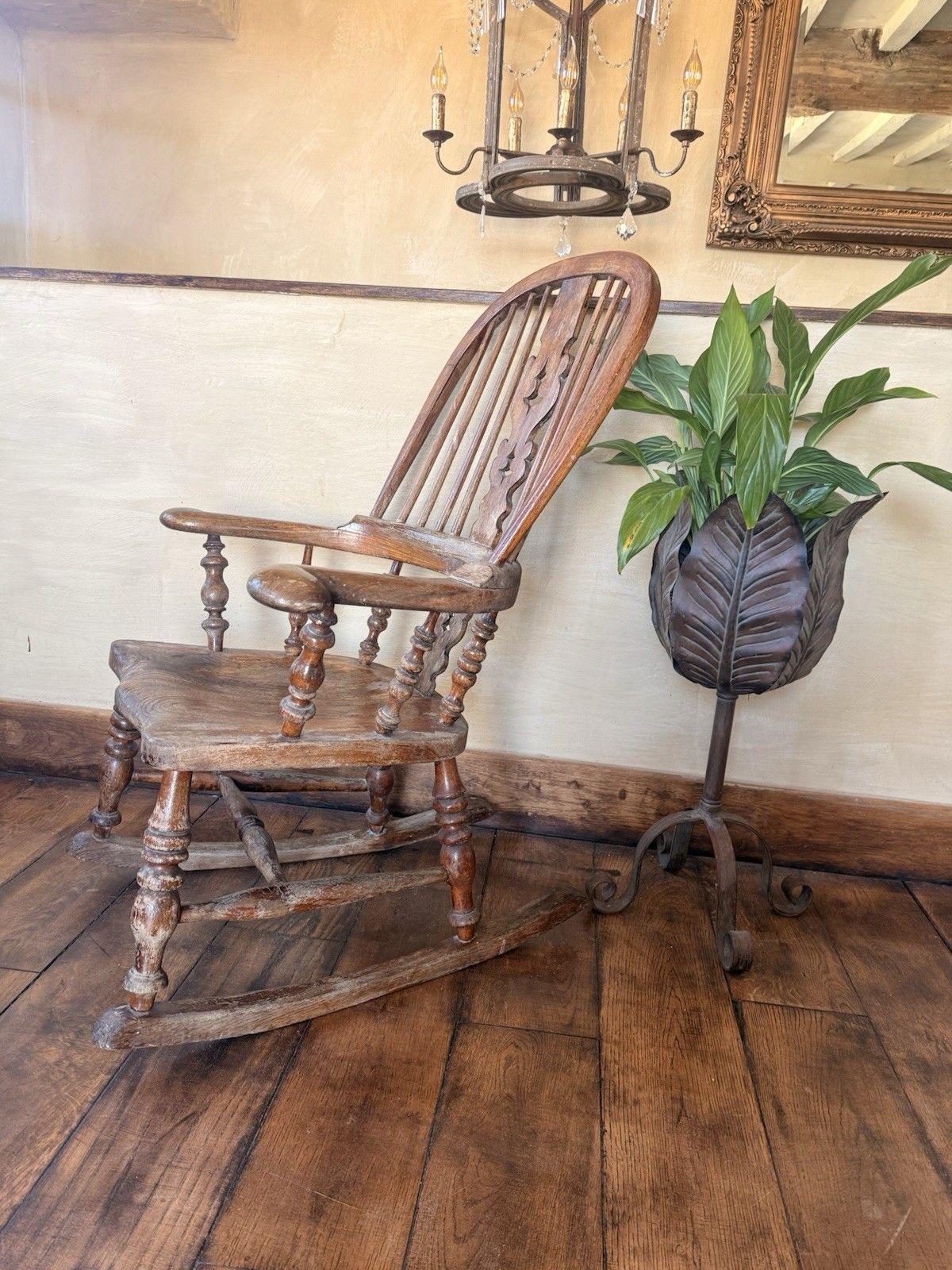 Furniture English Original Antique Rustic Farmhouse Rocking Bobbin Armchair Windsor Chair photo