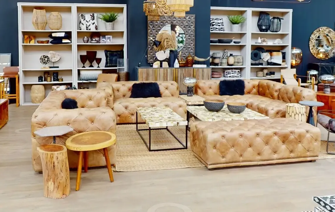 Bespoke Modular Sectional Sofa, 13 Seats Total, Mid Century Modern Tufted Chesterfield Adaptation, Tan Aniline Leather