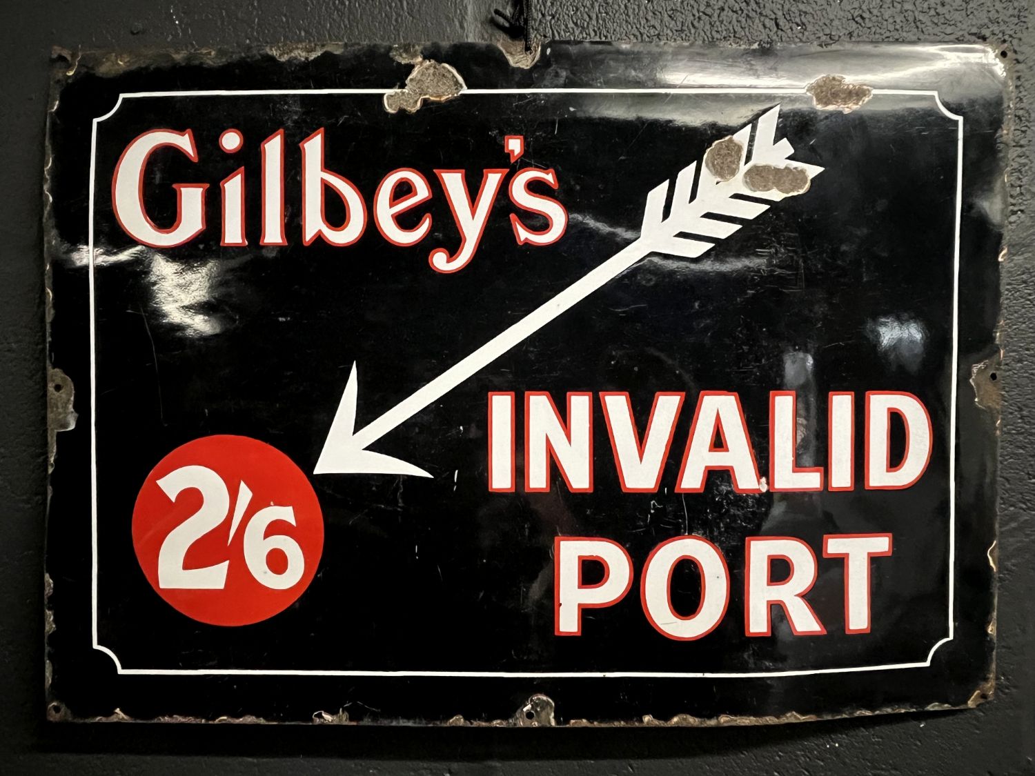 Large 1930s Original Gilbeys Invalid Port Enamel Advertising Railwayana Pub Garden Bar Sign photo for sale