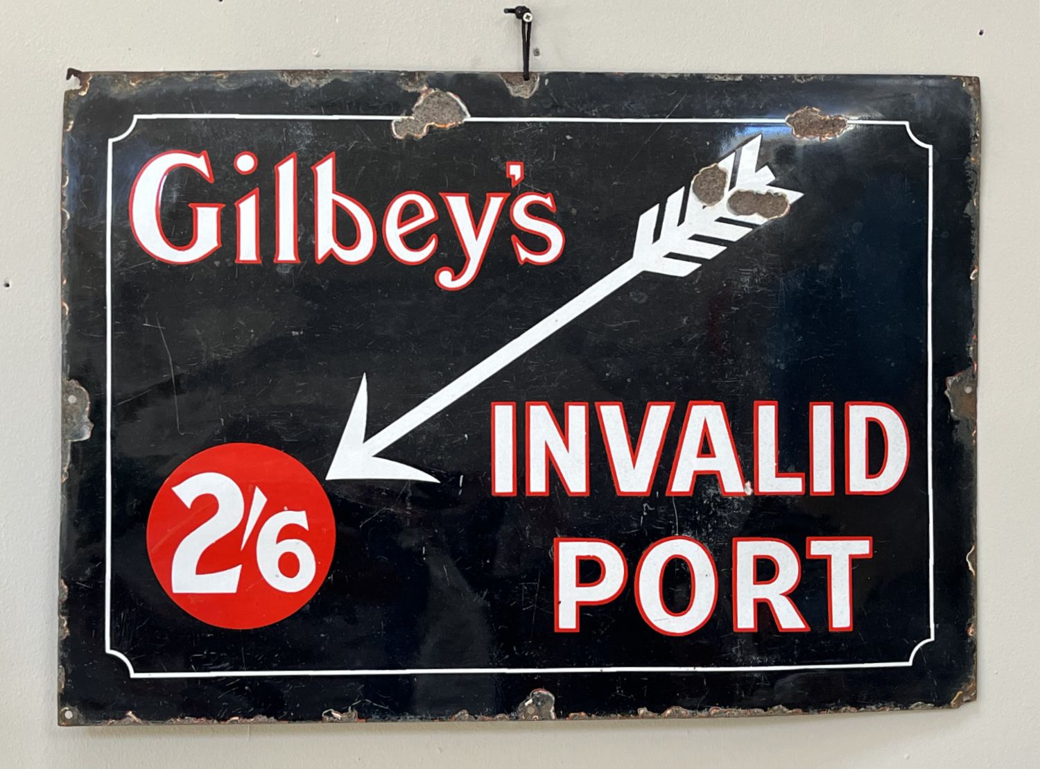 Large 1930s Original Gilbeys Invalid Port Enamel Advertising Railwayana Pub Garden Bar Sign