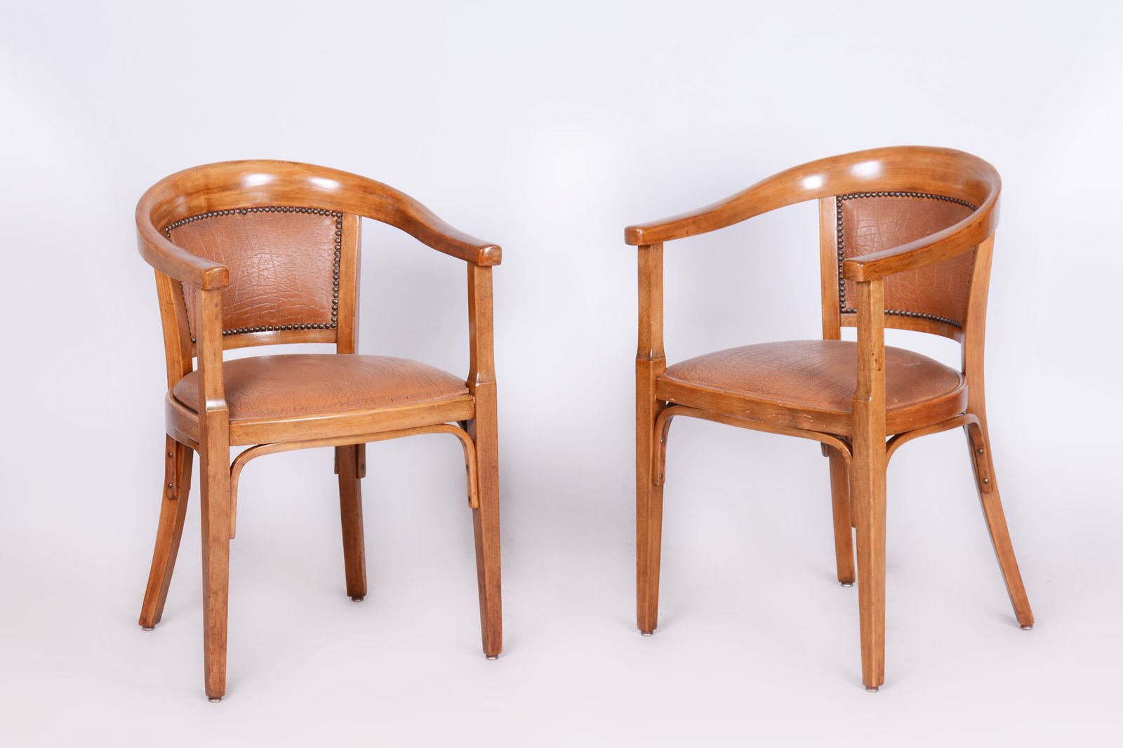 Pair Of Restored Art Deco Armchairs, Beech, Leatherette, Austria, 1930s