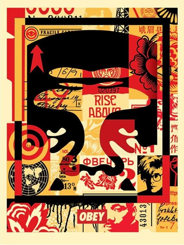Shepard Fairey, 2025 Obey Giant 3 Faces Collage Three Offset Lithographs Cm 61 X 45 Each photo Art