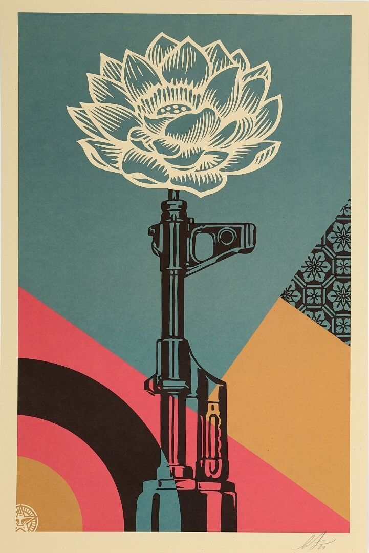 Shepard Fairey, 2025 Ak 47 Lotus Offset Lithograph On Thick Paper Cm 91,5 X 61