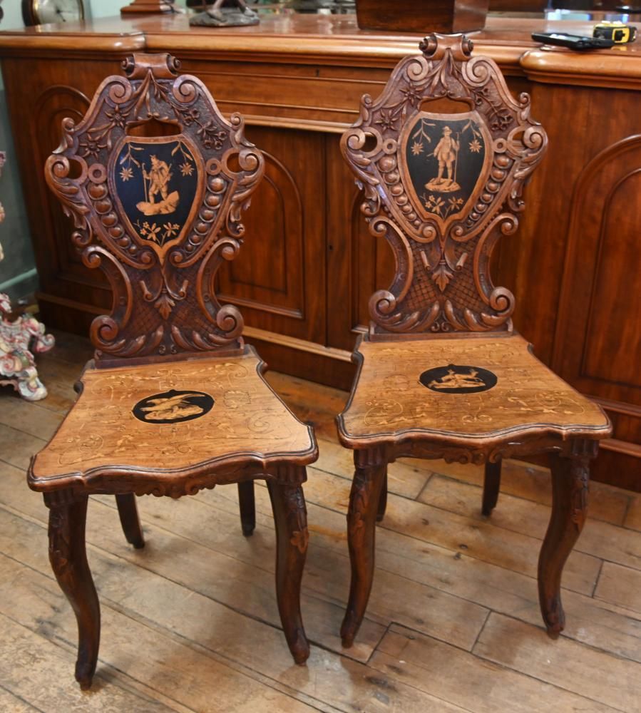 Pair Black Forest Hall Chairs Carved Walnut 1840 photo furniture