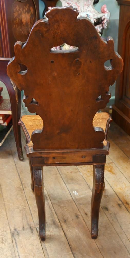 Pair Black Forest Hall Chairs Carved Walnut 1840 photo for sale