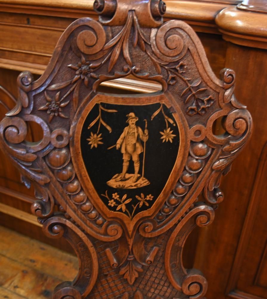 Pair Black Forest Hall Chairs Carved Walnut 1840 photo 1450.0