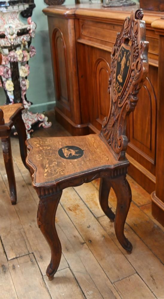 Pair Black Forest Hall Chairs Carved Walnut 1840 photo vinterior