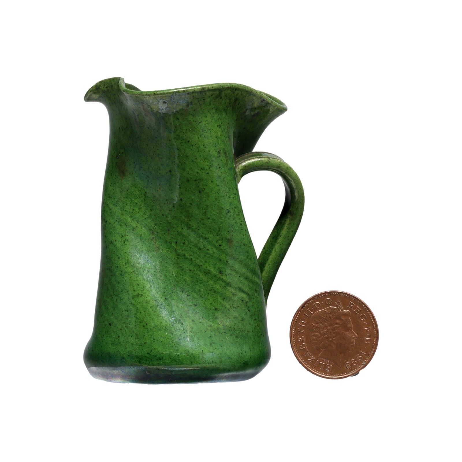 Rye Pottery Sussex Rustic Ware Miniature Green Lustre Twisted Tricorn Jug 2 3/4" photo for sale