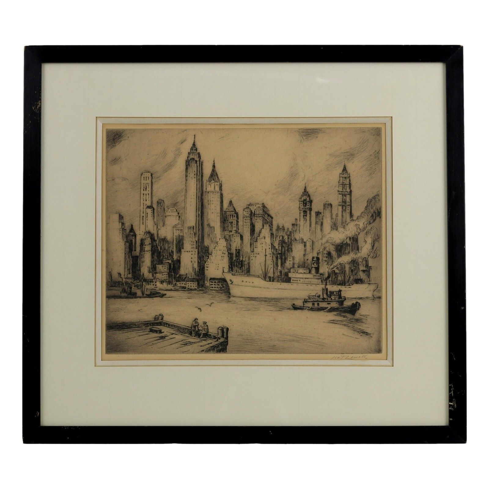Nat Lowell Drypoint Etching East River Skyline New York 1949 Signed Ltd Ed 250