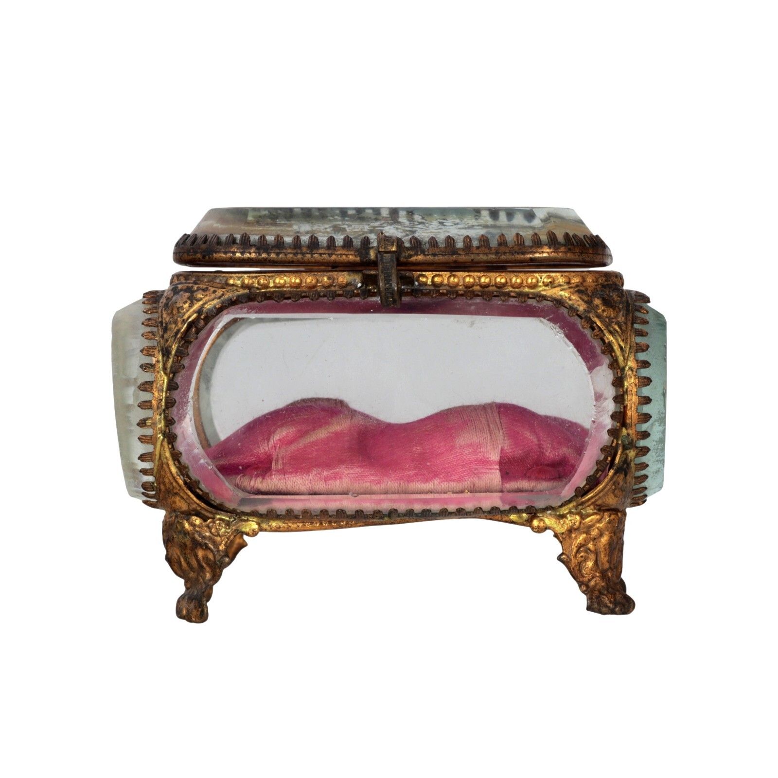 Antique French Ormolu Gilt Jewellery Box Casket Bevelled Glass Souvenir Desert photo vintage