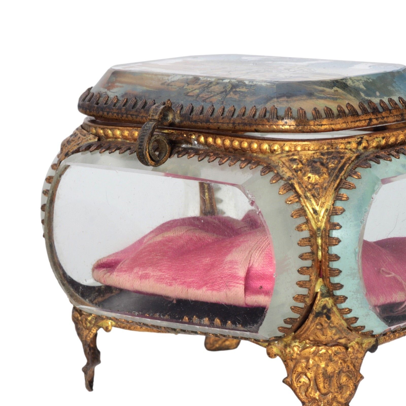 photo vinterior Antique French Ormolu Gilt Jewellery Box Casket Bevelled Glass Souvenir Desert