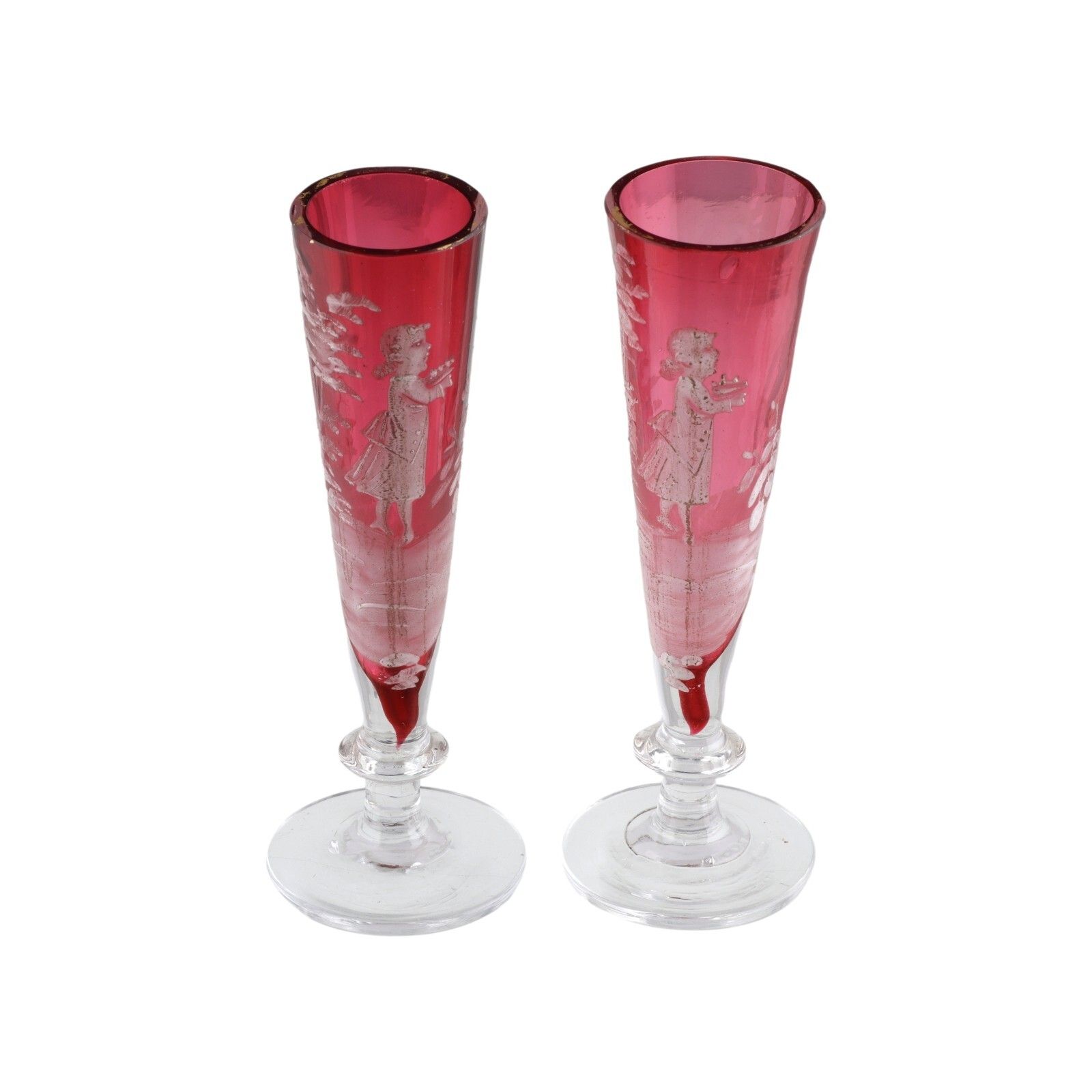 Antique Cranberry Glass Mary Gregory Pair Of Spill Vases Cameo Style Victorian