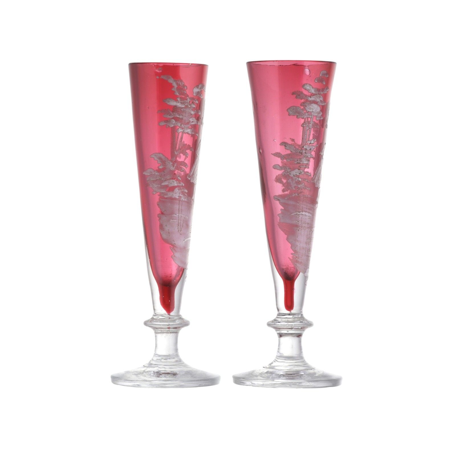 Antique Cranberry Glass Mary Gregory Pair Of Spill Vases Cameo Style Victorian photo for sale