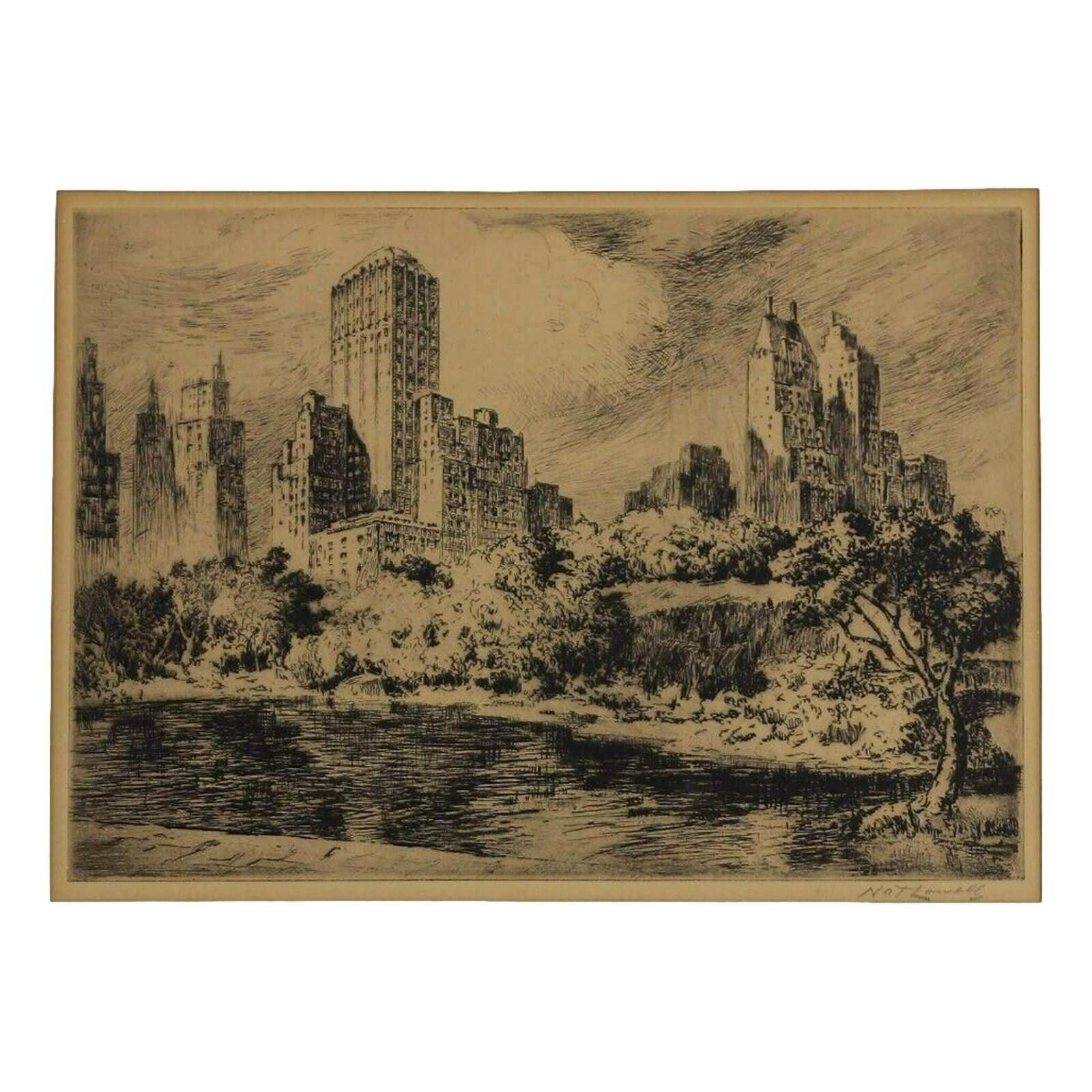 Nat Lowell Drypoint Etching Central Park South New York 1947 Signed Ltd Ed 250 photo furniture