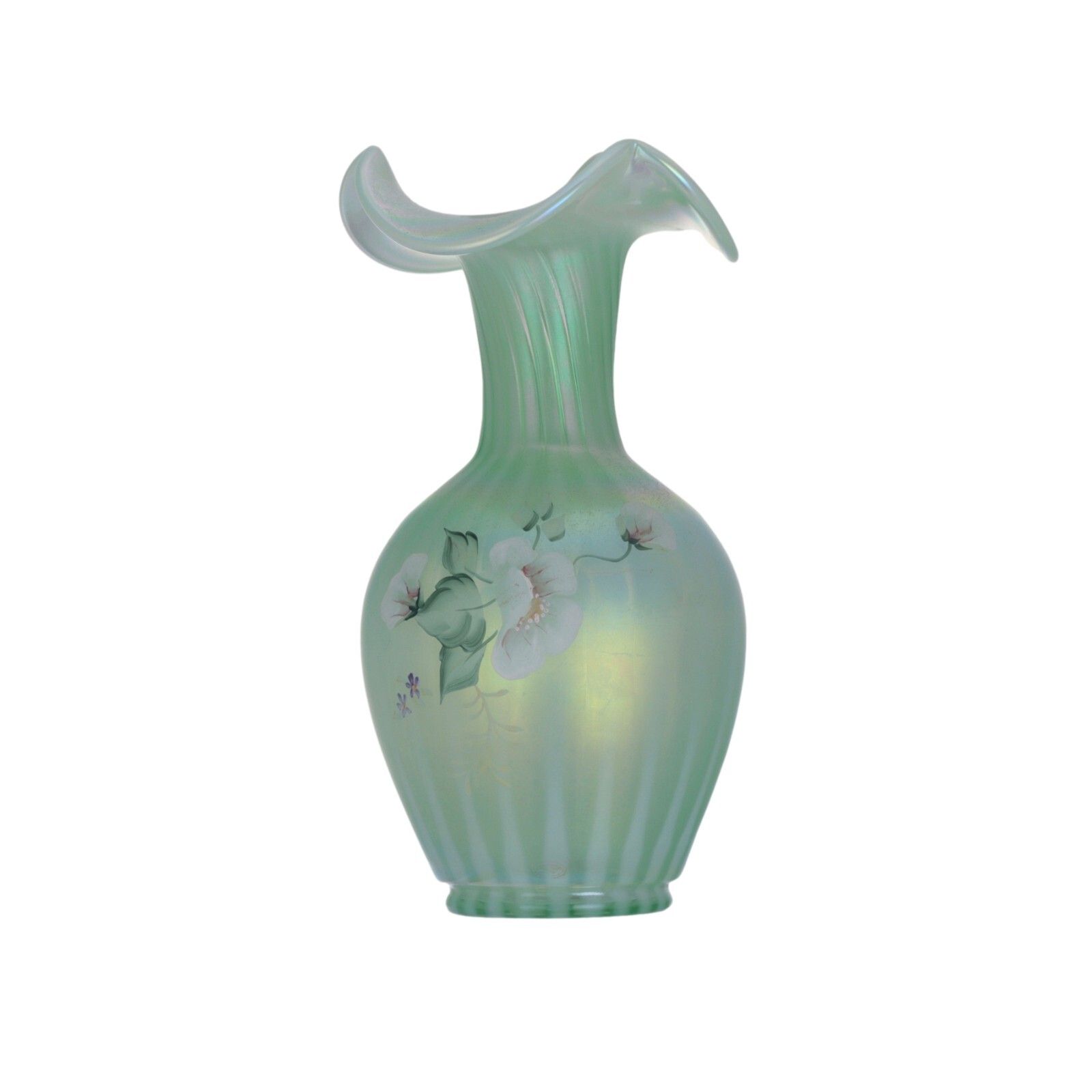 Fenton Glass Vase 95th Anniversary Green Iridescent Hand Painted Flowers Signed photo furniture