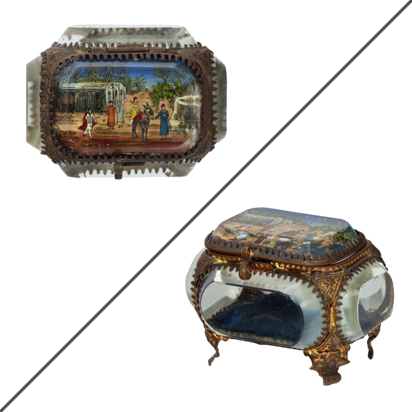 Antique French Ormolu Gilt Jewellery Box Casket Bevelled Glass Souvenir Street
