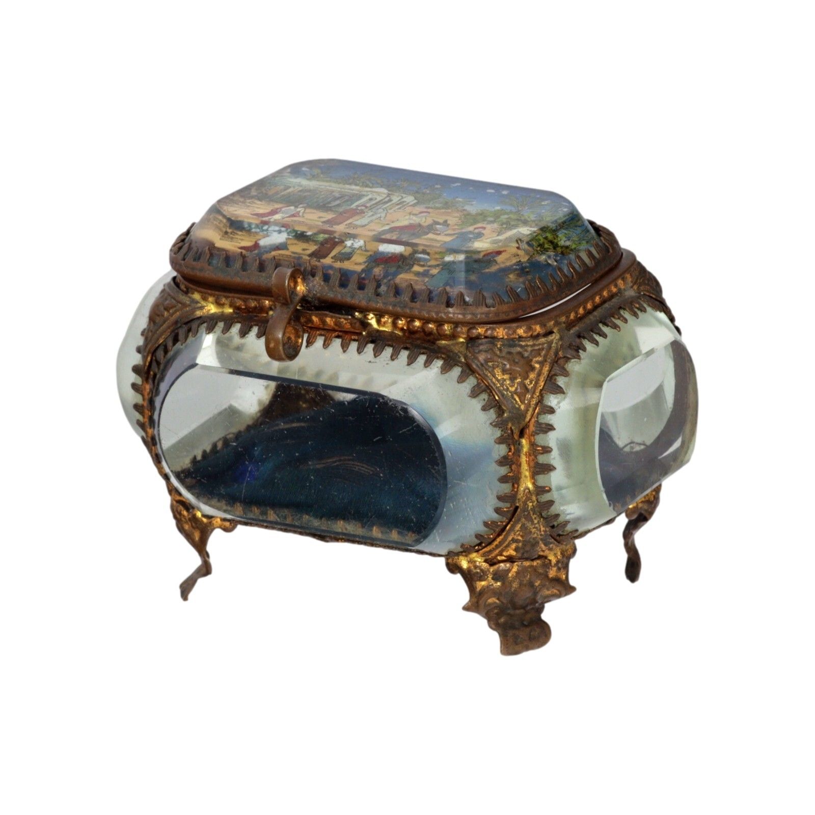 Antique French Ormolu Gilt Jewellery Box Casket Bevelled Glass Souvenir Street photo Home Decor