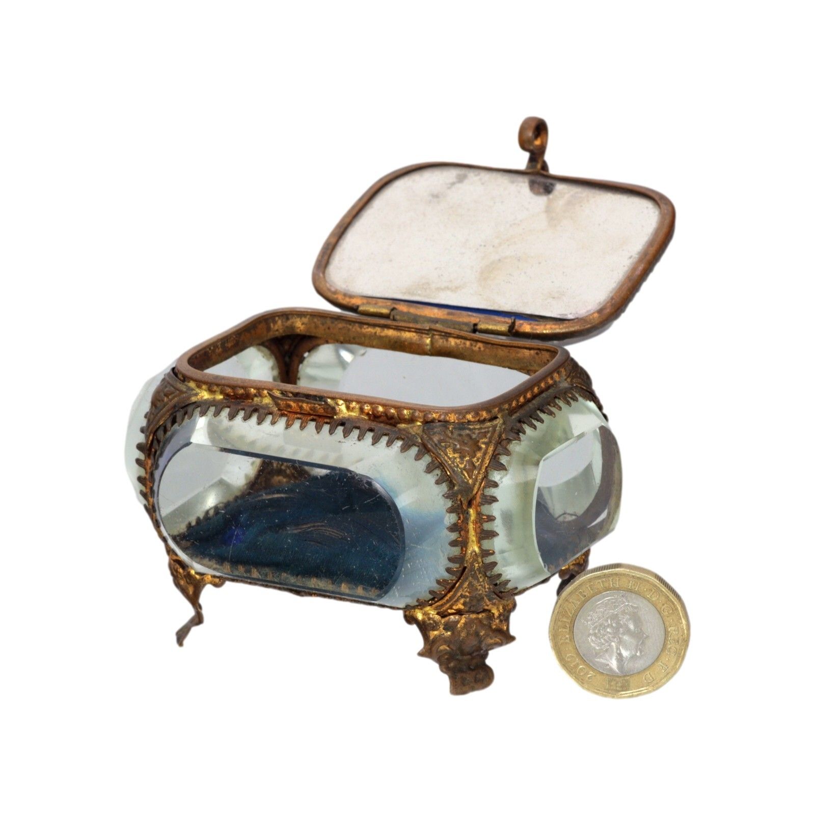 Antique French Ormolu Gilt Jewellery Box Casket Bevelled Glass Souvenir Street photo vinterior