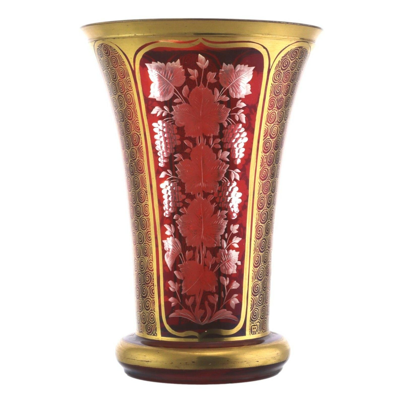 Bohemian Glass Red Overlay Gilt And Vine Decoration Cut Vase 6" (15.25 Cm) photo furniture