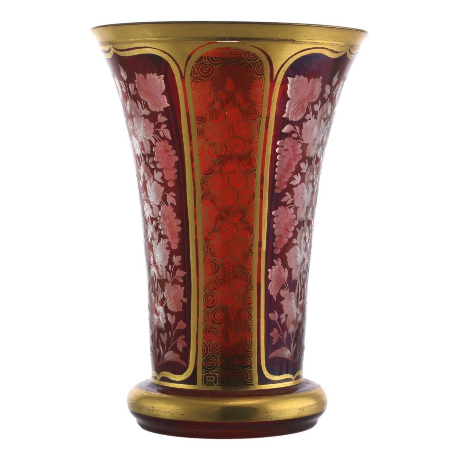 Bohemian Glass Red Overlay Gilt And Vine Decoration Cut Vase 6" (15.25 Cm) photo for sale