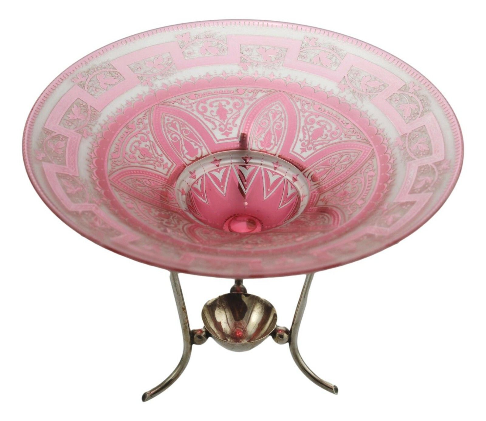 Antique Baccarat French Glass Pink Flash Acid Etched Comport Silver Plate Stand