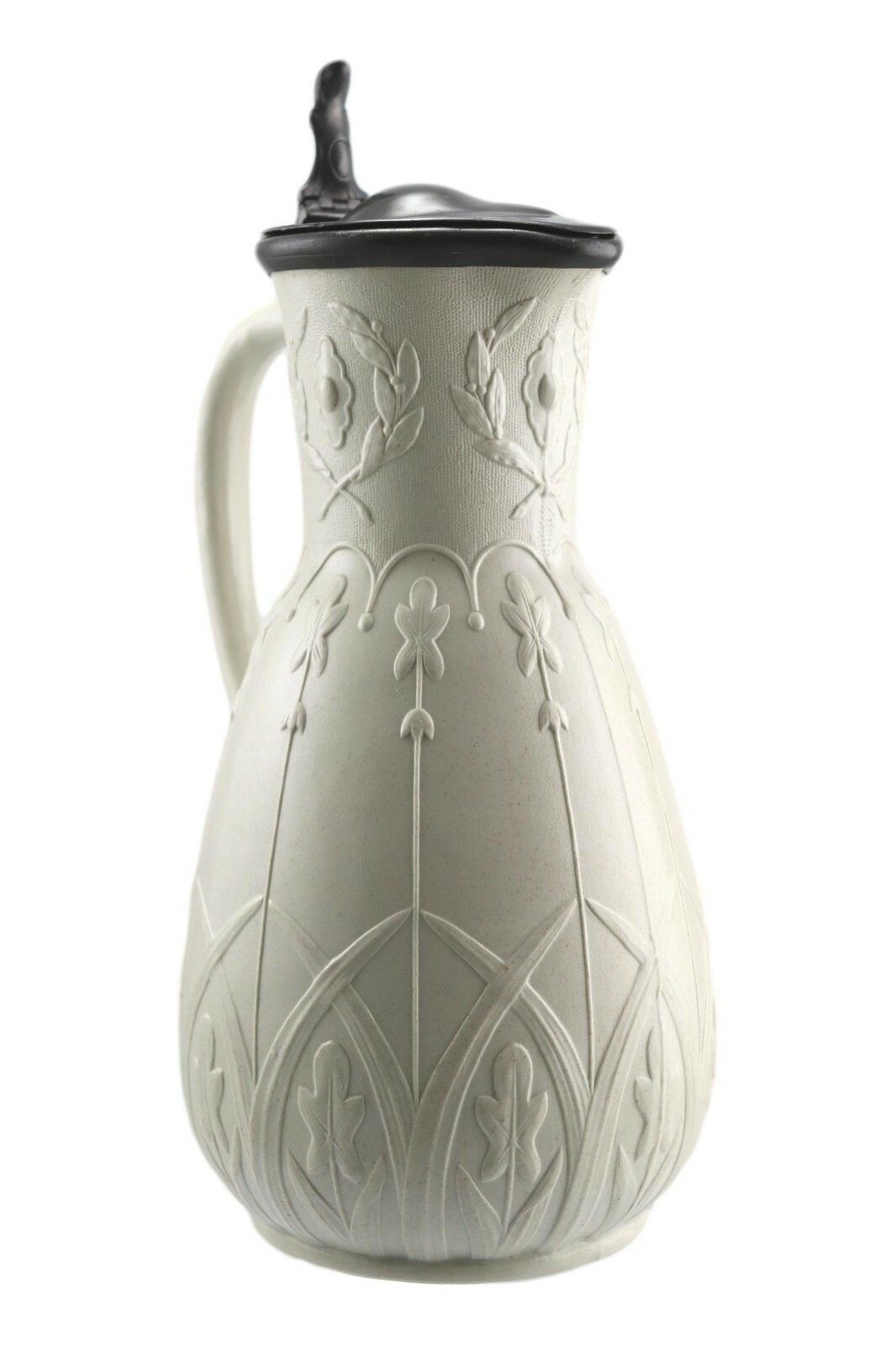 Antique Aesthetic Style Relief Moulded Jug 8 3/4" Metal Lid C1870 photo 100.0