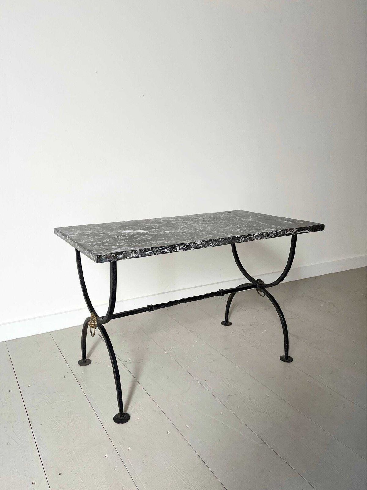 Mid Century Marble Coffee Table With Neoclassical Design And X Frame Curule Iron Base And Legs, French 1960s photo for sale