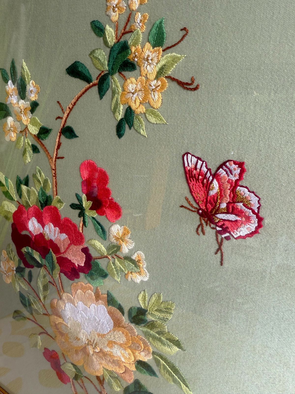 Charming Framed English Vintage Floral Embroidery photo for sale