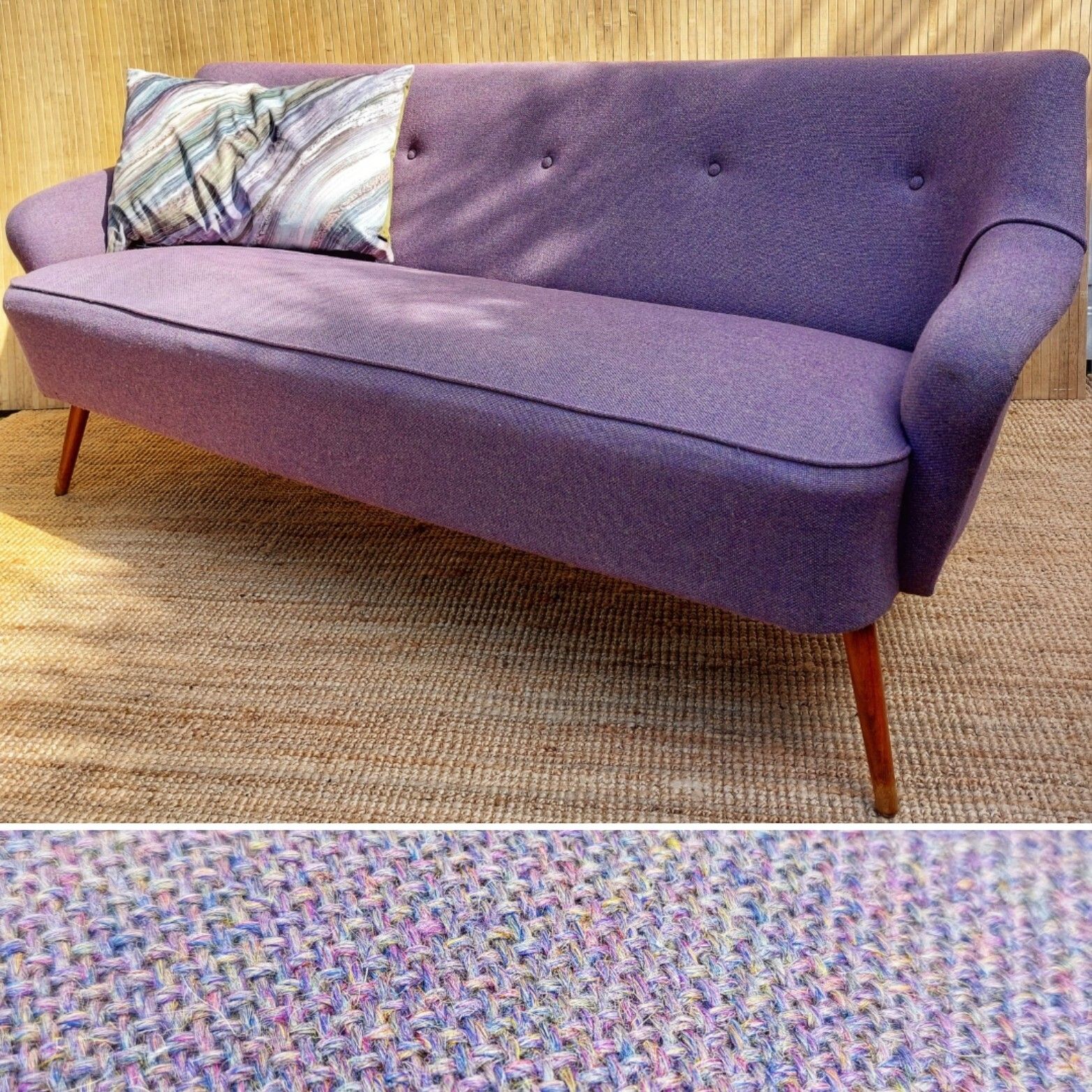 Fab Vintage 1950s 1960s 3 Seater Sofa Settee Lilac Multi Rainbow Camira ? Wool :