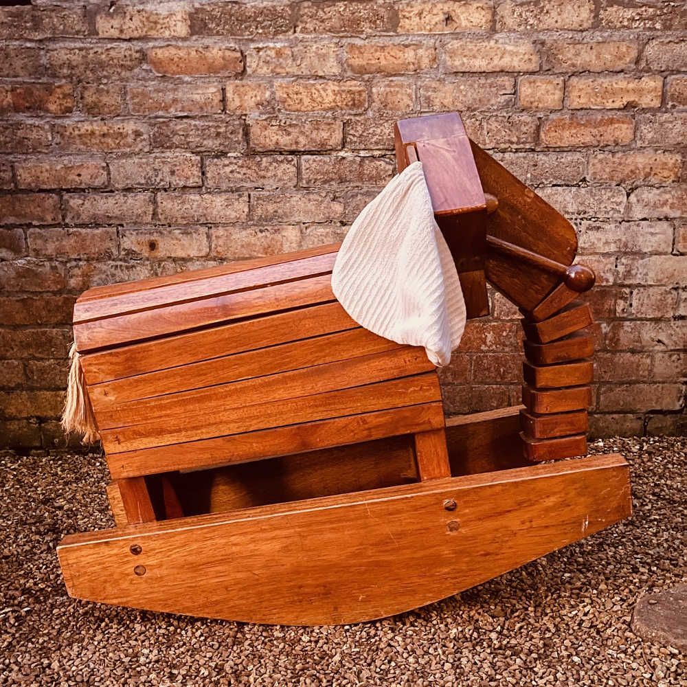 Rare Mid Century Handcrafted Mahogany Rocking Elephant With Layered Trunk & Bell Mechanism, C.1960s photo furniture