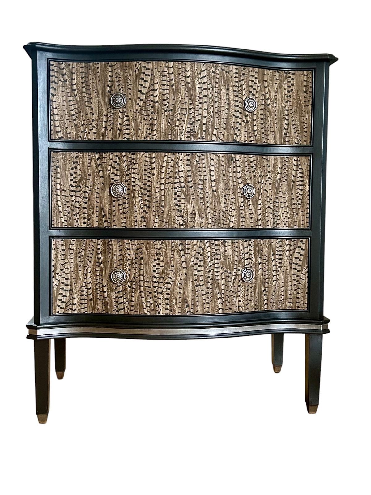 Vintage Drawers.  Bow Front, Handpainted And Decoupaged.  Black With Pheasant Feather Decoupage. photo furniture