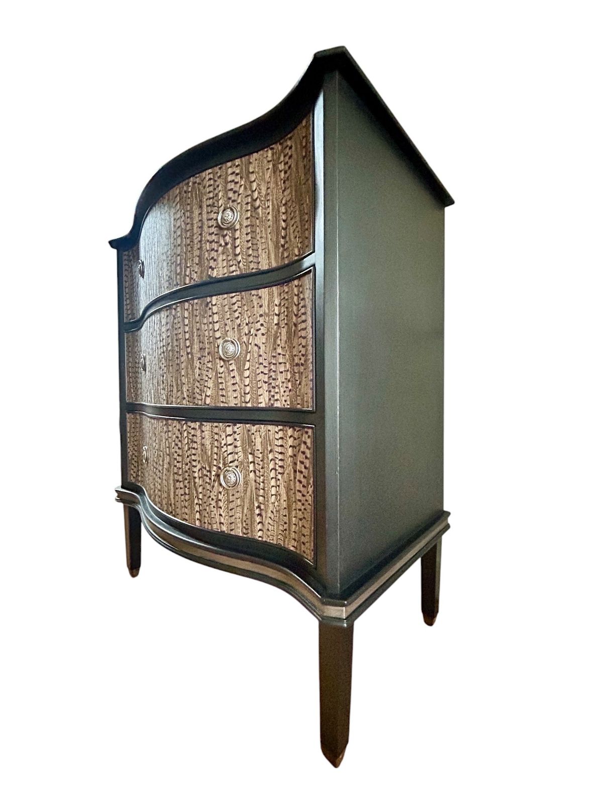 Vintage Drawers.  Bow Front, Handpainted And Decoupaged.  Black With Pheasant Feather Decoupage. photo vinterior