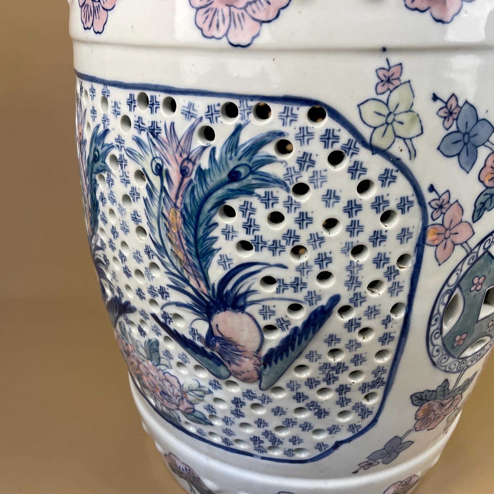 Oriental Table Chinese Floral Ceramic Antique Hand Painted Seat Plant Stand Stool Large Decorative Asian Pink Blue White Floral photo Home Decor