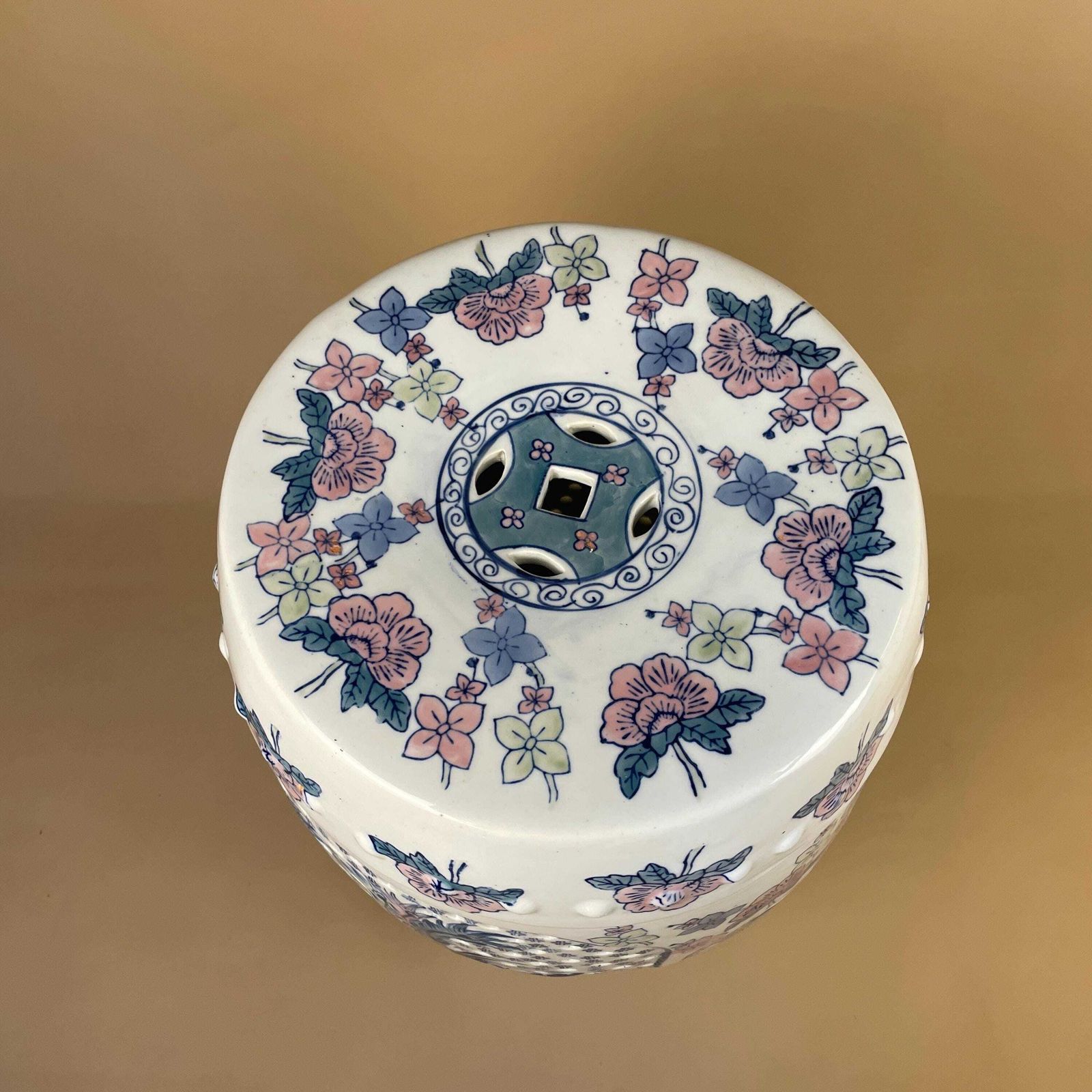Oriental Table Chinese Floral Ceramic Antique Hand Painted Seat Plant Stand Stool Large Decorative Asian Pink Blue White Floral photo vintage