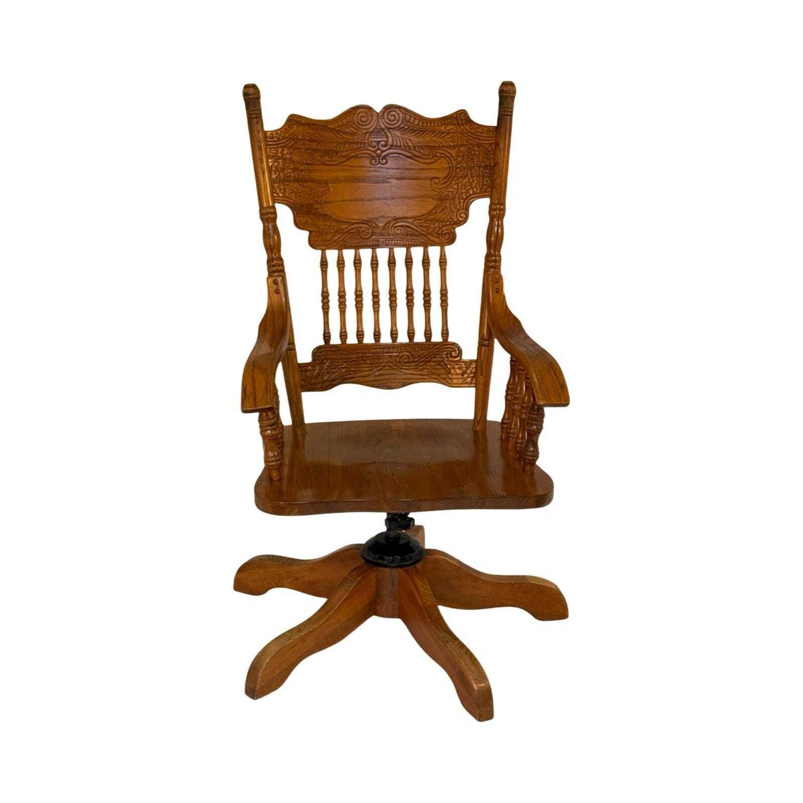 Vintage   Solid Oak   Rotating Desk Chair With Turned Colums And Hand Carved Backrest photo furniture