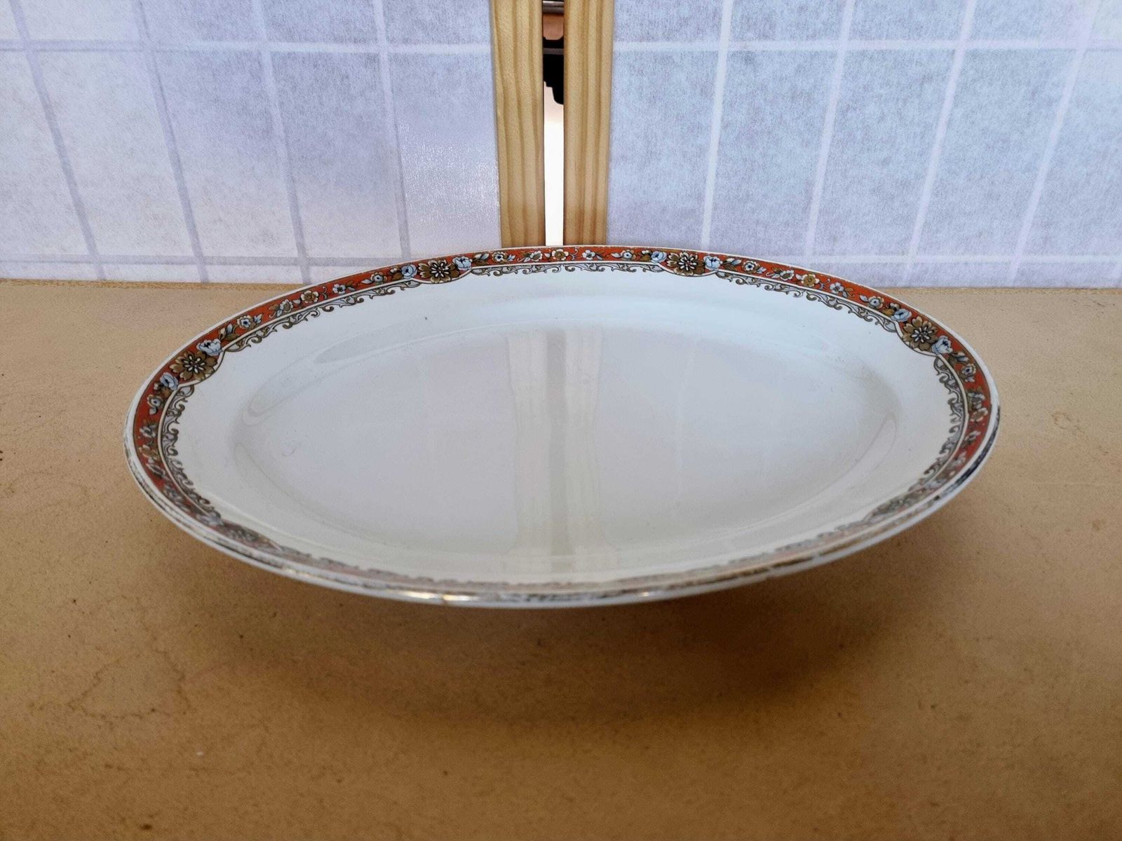 Large Heavy Vintage Losol Ware Platter | Art Deco Border Oval Dish | 1930s Rust Gold Rim | Keeling Co China Serving Tray photo for sale