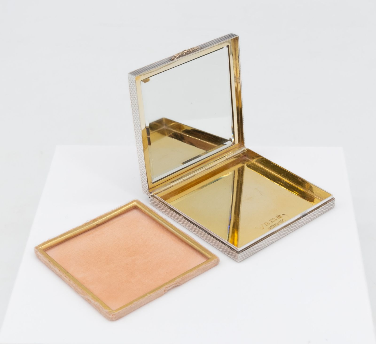 photo for sale Elizabeth II Sterling Silver & Rose Gold Compact By Garrard And Co Hallmarked 1956 Mid Century