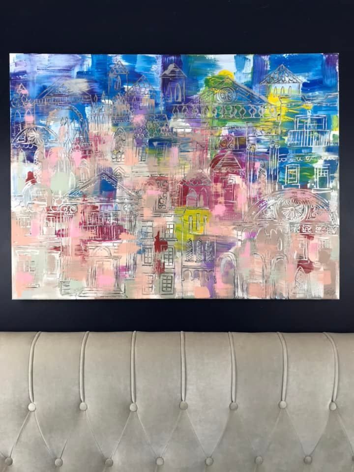Milan Hand Painted Milan City Scape . Landmark Historical Buildings .Pink/Blue/ Pastel / Silver .Large Painting On Canvas 100cm X 75cm