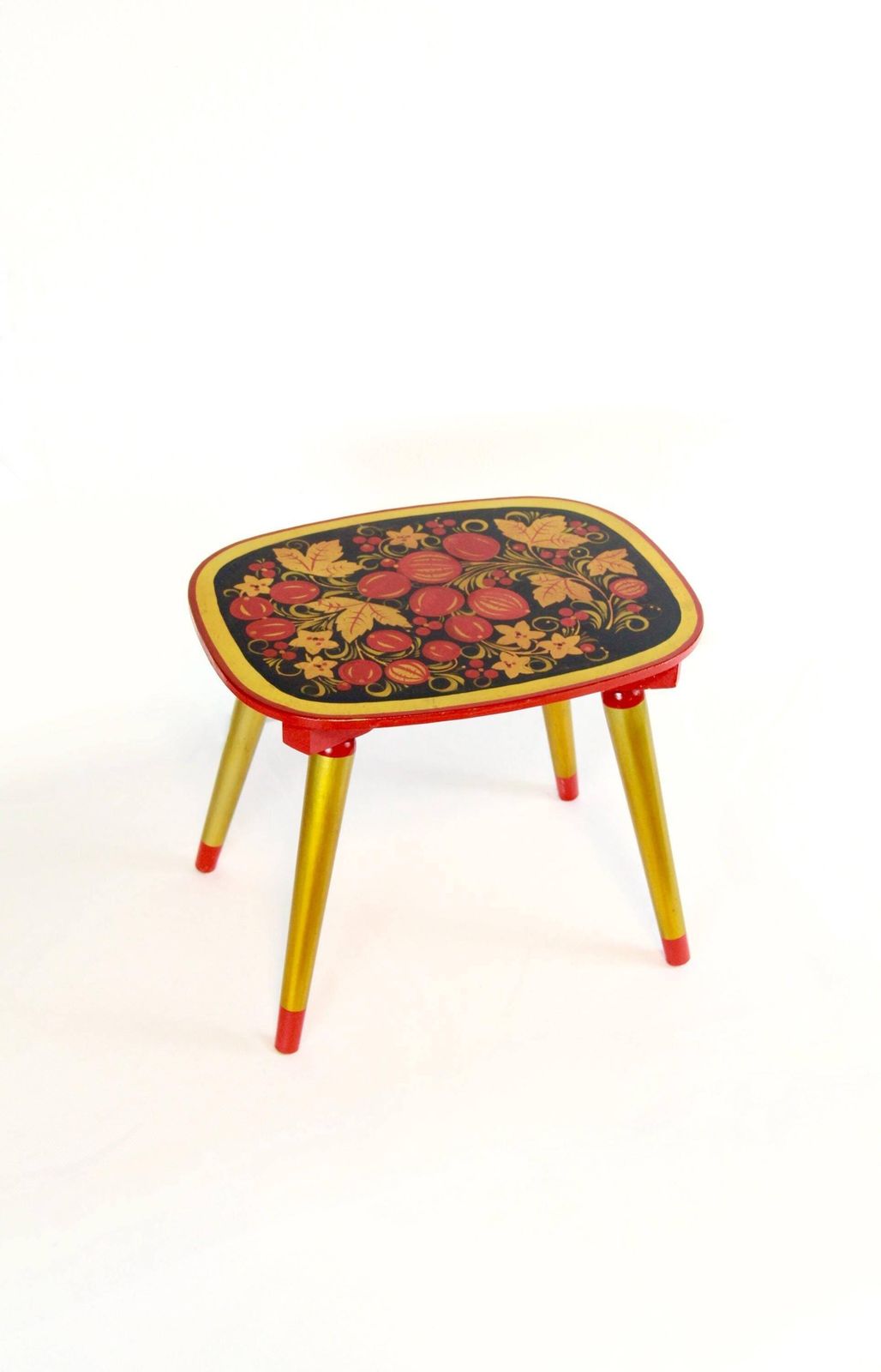Taburetka, Vintage Xoxloma Hand Painted Stool, Ussr, 1970s
