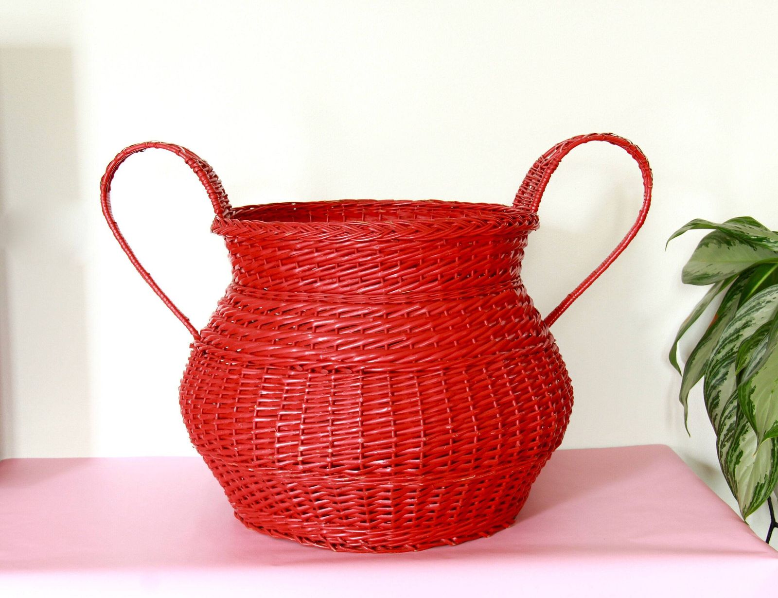 Cestone, Vintage Large Red Rattan And Wicker Basket, Italy, 1960s