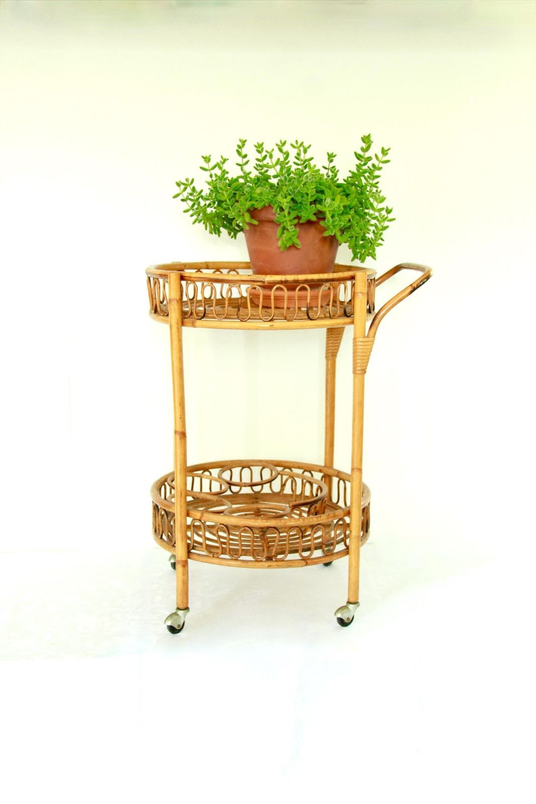 Carrello, Vintage Bamboo And Wicker Bar Cart / Trolley , Italy, 1970s