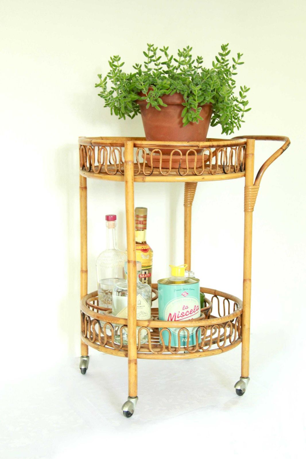 Carrello, Vintage Bamboo And Wicker Bar Cart / Trolley , Italy, 1970s photo furniture