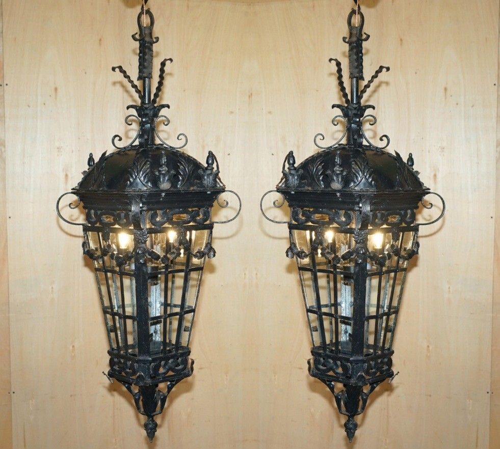 Fine Pair Of Extra Large 20th Century French Parisian Art Deco Hanging Lanterns