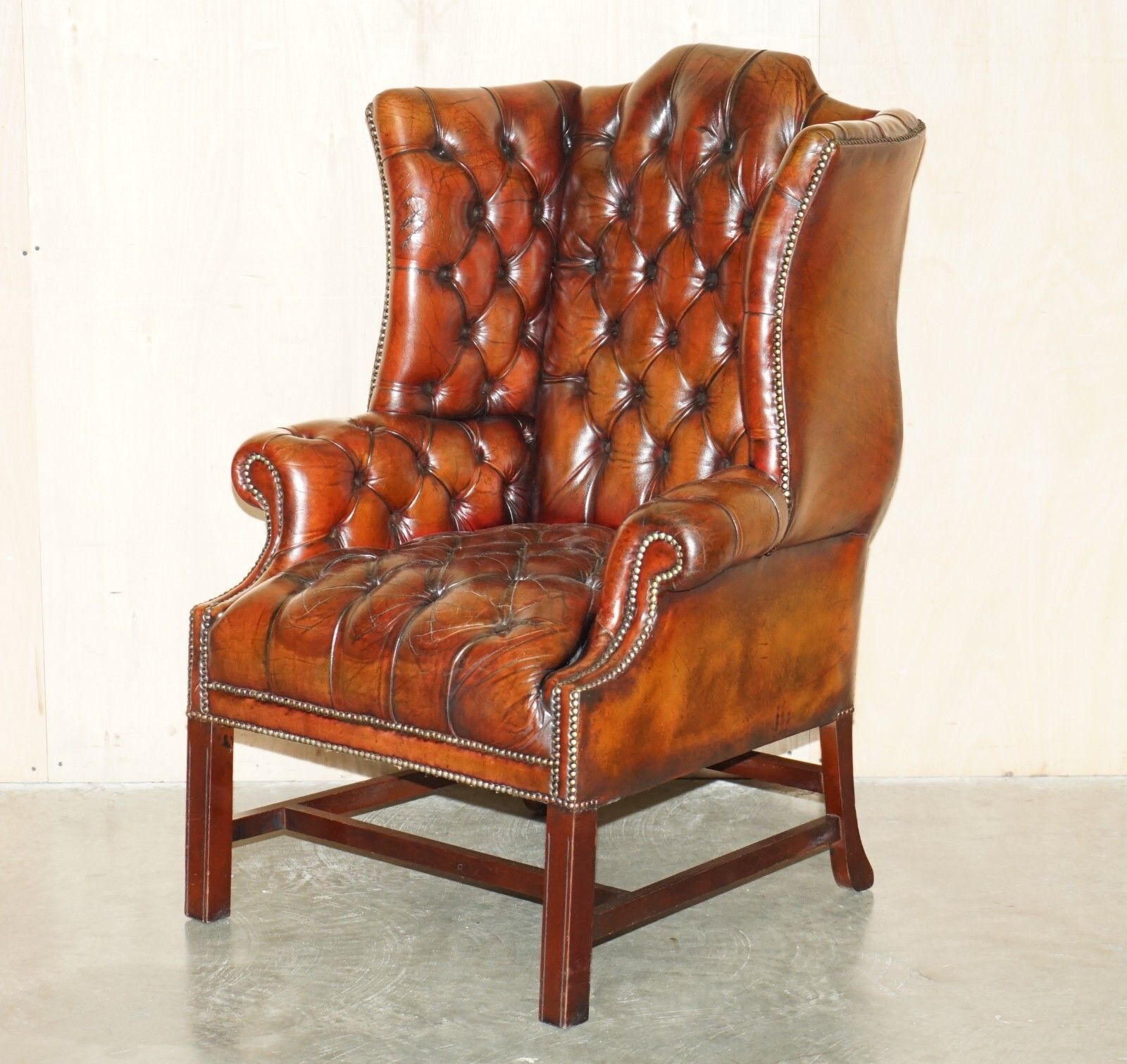 Antique Fully Restored Bordeaux Leather Tufted Chesterfield Wingback Armchair