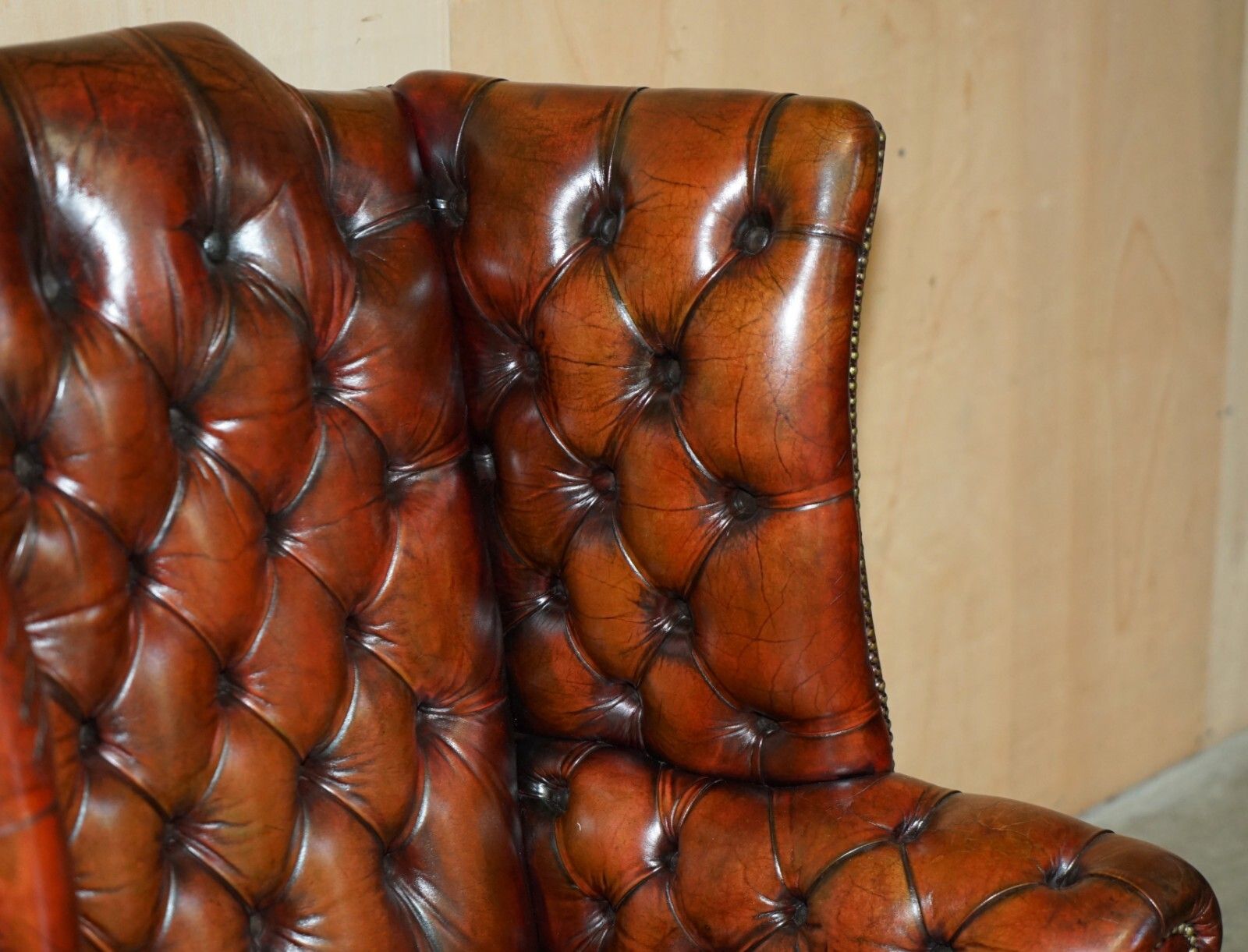 Antique Fully Restored Bordeaux Leather Tufted Chesterfield Wingback Armchair photo vintage