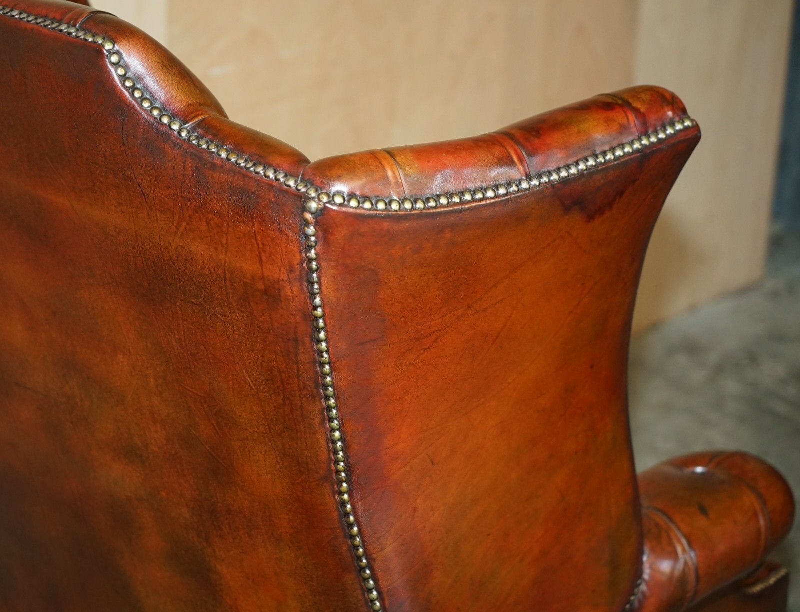 2850.0 Antique Fully Restored Bordeaux Leather Tufted Chesterfield Wingback Armchair photo