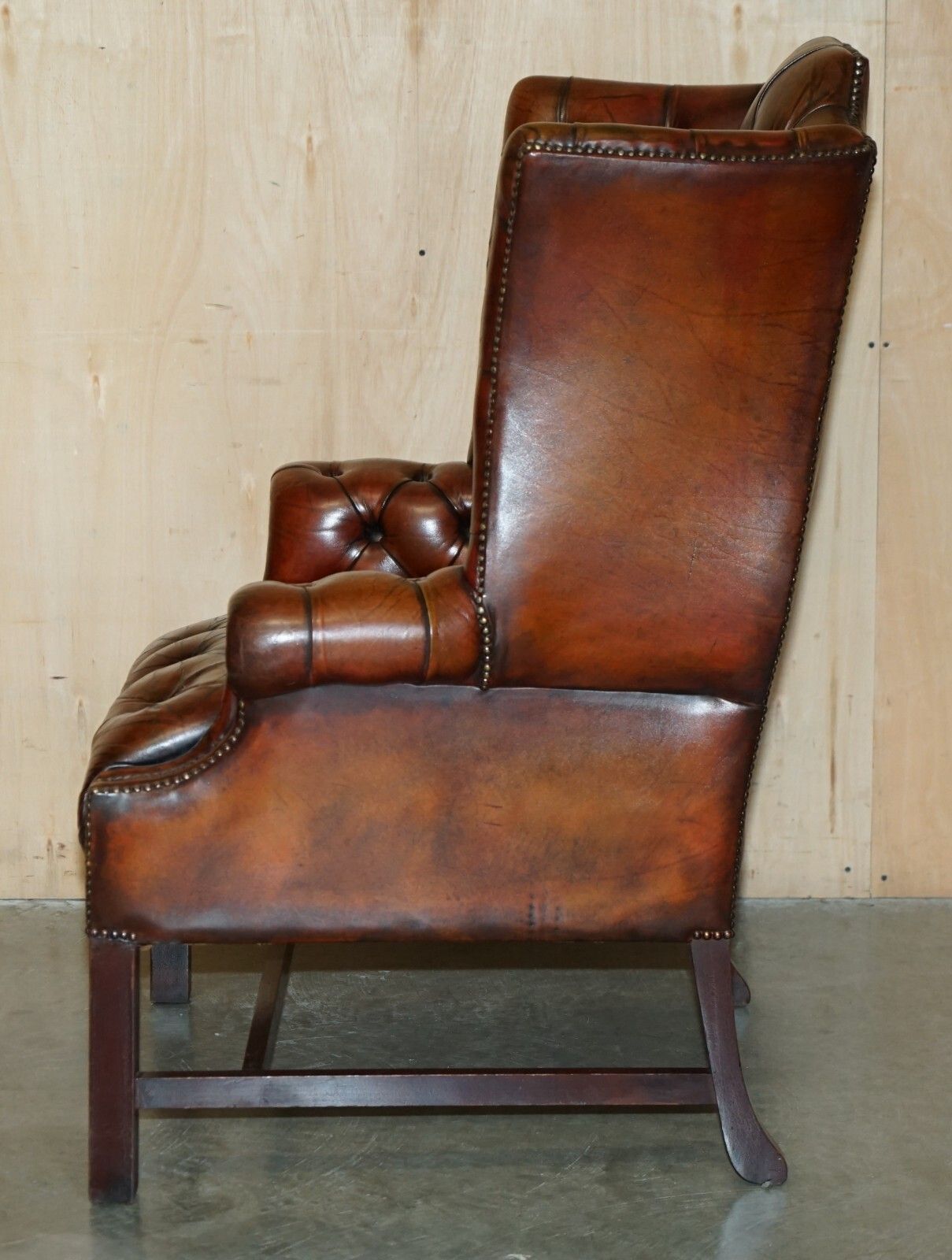 photo buy Antique Fully Restored Bordeaux Leather Tufted Chesterfield Wingback Armchair