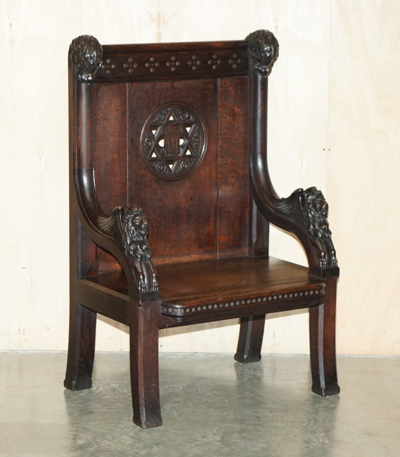 Stunning Extra Large Gothic Revival Throne Armchair Hand Carved Armorial Lions photo furniture
