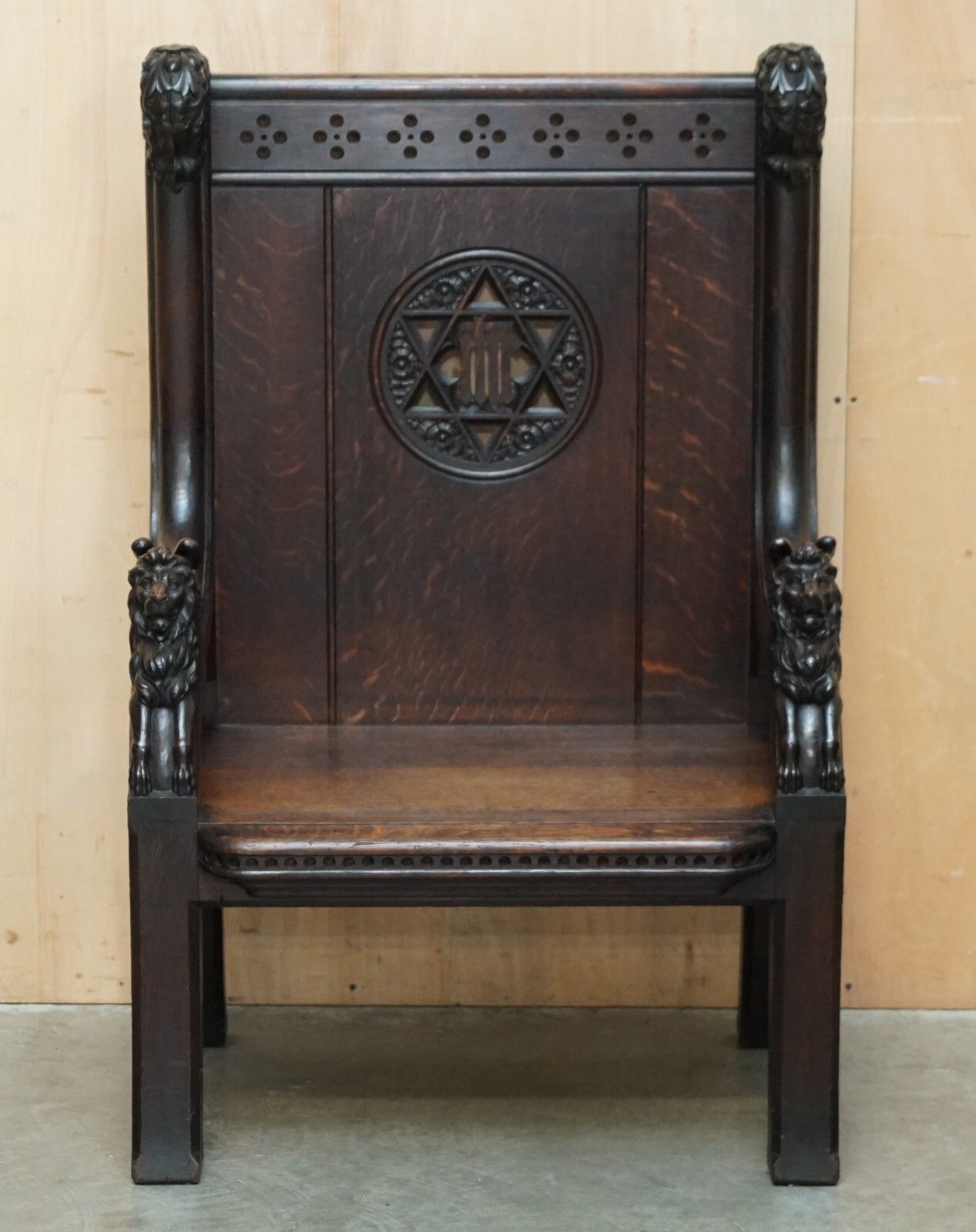 Stunning Extra Large Gothic Revival Throne Armchair Hand Carved Armorial Lions photo Furniture