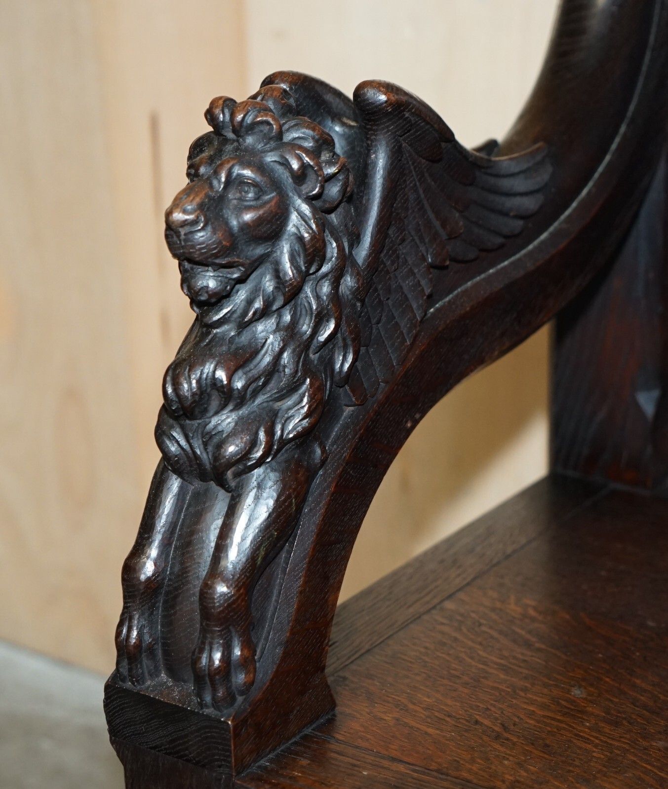 photo buy Stunning Extra Large Gothic Revival Throne Armchair Hand Carved Armorial Lions